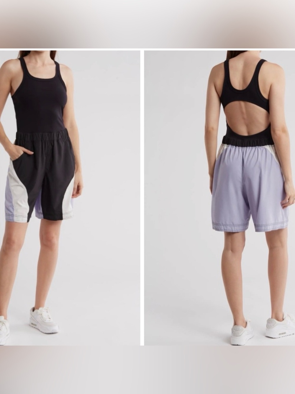 FP Movement by Free People Black Tank Romper with White and Light Purple Panels